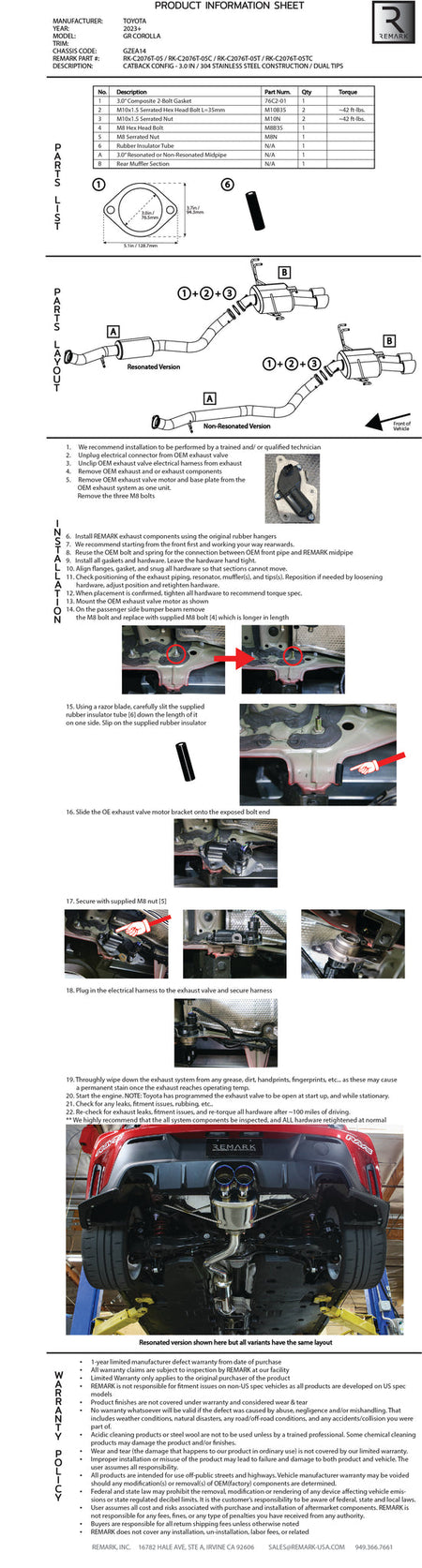 REMARK Elite Spec Resonated Dual Center Exit Cat-Back Exhaust - Stainless Steel Tips - 2023+ Toyota GR Corolla